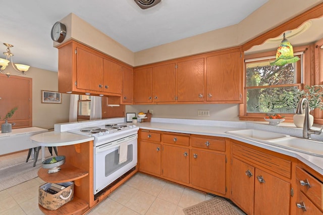 kitchen featuring white electric stove, a sink, open shelves, light countertops, and light tile patterned floors