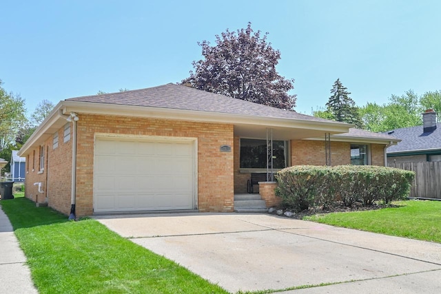 single story home featuring an attached garage, brick siding, driveway, and covered porch