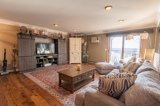 1212 Grand Ave Unit # 30, Wausau, WI 54403 - living room with ornamental molding, hardwood / wood-style flooring, a wall unit AC, a baseboard heating unit, and baseboards
