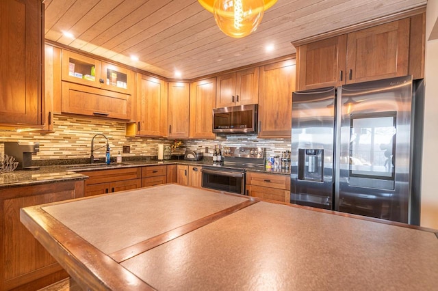 1212 Grand Ave Unit # 30, Wausau, WI 54403 - kitchen featuring appliances with stainless steel finishes, a sink, wood ceiling, dark countertops, and tasteful backsplash