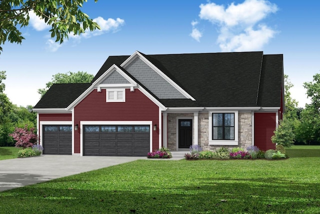 1746 Whalen Dr, Oconomowoc, WI 53066 - craftsman house featuring a front lawn, concrete driveway, stone siding, and a garage