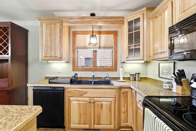 1822-3 Parkland Dr Unit 0703, Arkdale, WI 54613 - kitchen with black appliances, a sink, light brown cabinets, glass insert cabinets, and light countertops
