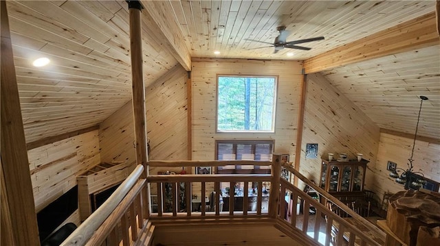 9138 W Johnson Rd, Hayward, WI 54843 - additional living space with wood ceiling, wood walls, lofted ceiling, ceiling fan, and recessed lighting