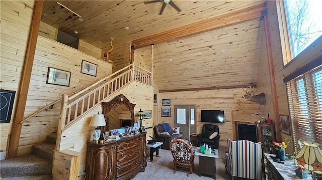 9138 W Johnson Rd, Hayward, WI 54843 - carpeted office with wood walls, wood ceiling, high vaulted ceiling, and a ceiling fan