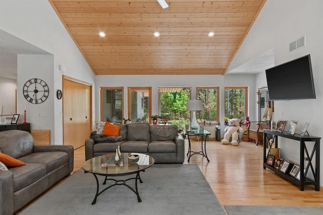 2191 County Road G, Nekoosa, WI 54457 - living room with light wood-style floors, high vaulted ceiling, wooden ceiling, and recessed lighting