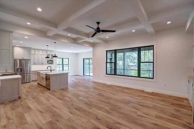 713 Kennedy St, Sauk City, WI 53583 - kitchen featuring appliances with stainless steel finishes, open floor plan, light wood finished floors, light countertops, and recessed lighting