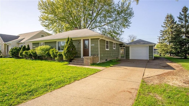 1408 E Lexington Blvd, Eau Claire, WI 54701 - view of front of home featuring concrete driveway, an outbuilding, a front lawn, and a chimney