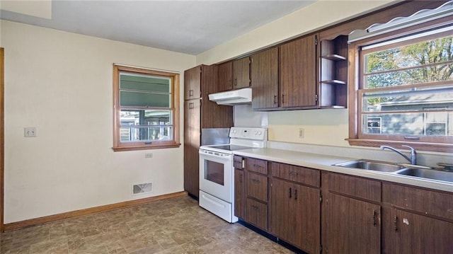 1408 E Lexington Blvd, Eau Claire, WI 54701 - kitchen featuring white electric range, under cabinet range hood, a sink, baseboards, and light countertops