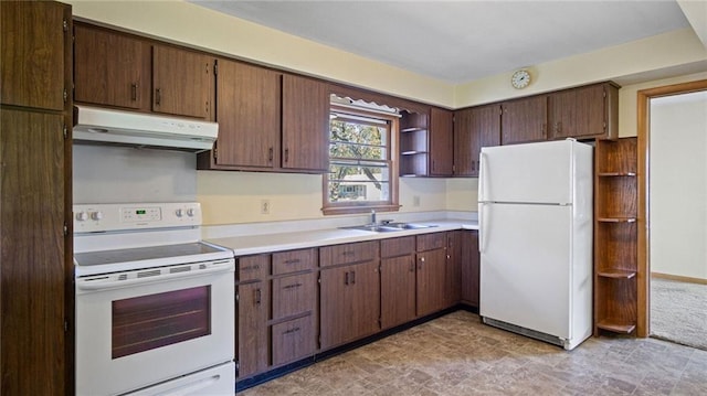 1408 E Lexington Blvd, Eau Claire, WI 54701 - kitchen featuring white appliances, under cabinet range hood, a sink, open shelves, and light countertops