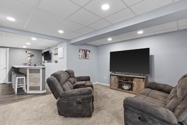 W127S9630 Scott Krause Dr, Muskego, WI 53150 - living area featuring a drop ceiling, a bar, carpet floors, recessed lighting, and baseboards
