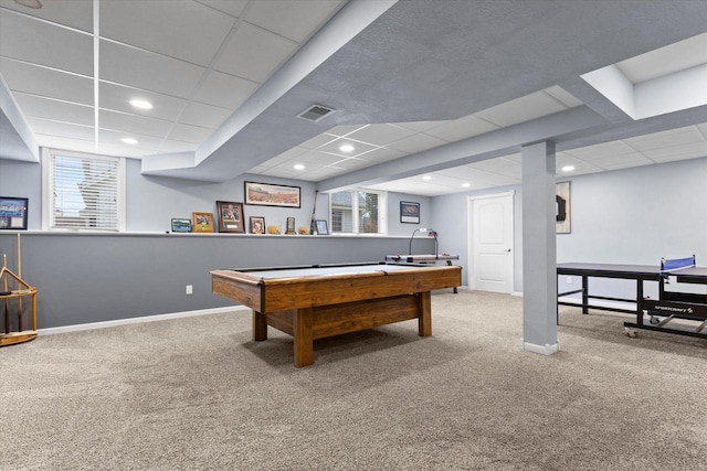W127S9630 Scott Krause Dr, Muskego, WI 53150 - recreation room featuring carpet, baseboards, billiards, a drop ceiling, and recessed lighting