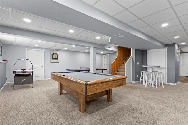 W127S9630 Scott Krause Dr, Muskego, WI 53150 - recreation room with carpet, a paneled ceiling, baseboards, pool table, and recessed lighting