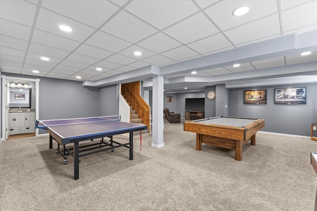 W127S9630 Scott Krause Dr, Muskego, WI 53150 - rec room with carpet floors, billiards, recessed lighting, baseboards, and a paneled ceiling