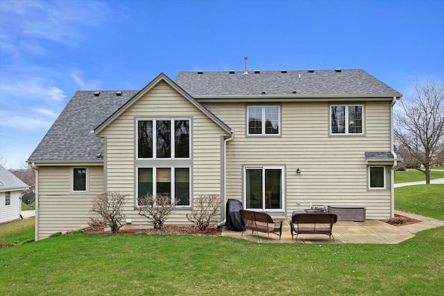 W127S9630 Scott Krause Dr, Muskego, WI 53150 - back of property featuring a patio area, a lawn, and a shingled roof