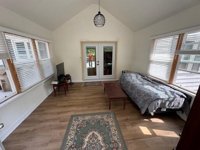1404 Silver Mine Dr, Eau Claire, WI 54703 - bedroom featuring lofted ceiling, french doors, wood finished floors, and baseboards