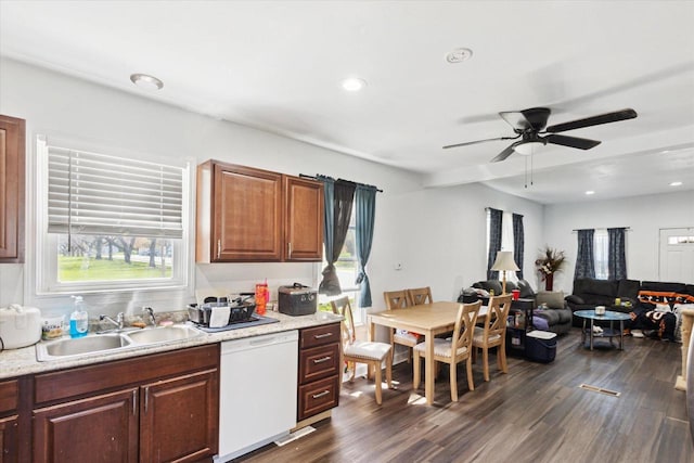 423 Maryhill Dr, Green Bay, WI 54303 - kitchen with white dishwasher, a sink, healthy amount of natural light, dark wood finished floors, and recessed lighting