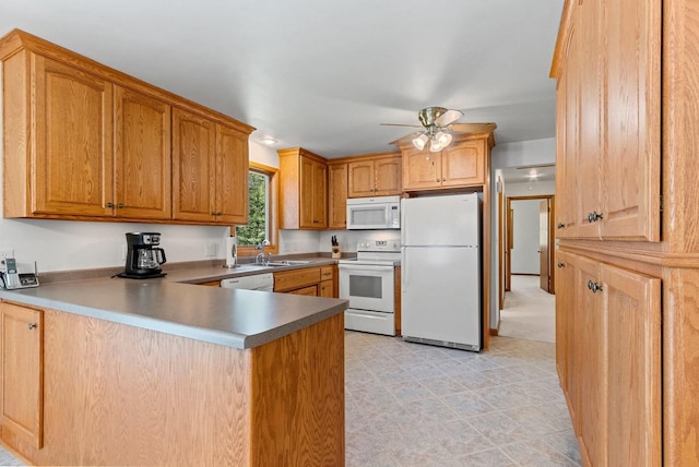 2289 Northwood Rd, Green Bay, WI 54313 - kitchen with white appliances, a peninsula, a sink, a ceiling fan, and light floors