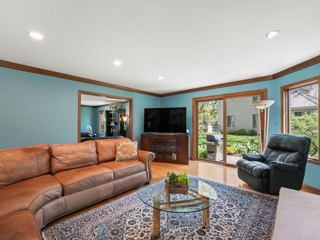 18585 Woodberry Ct, Brookfield, WI 53045 - living area featuring light wood-style flooring, recessed lighting, and ornamental molding