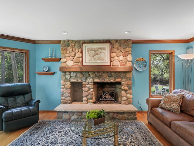 18585 Woodberry Ct, Brookfield, WI 53045 - living room featuring a stone fireplace, wood finished floors, and ornamental molding