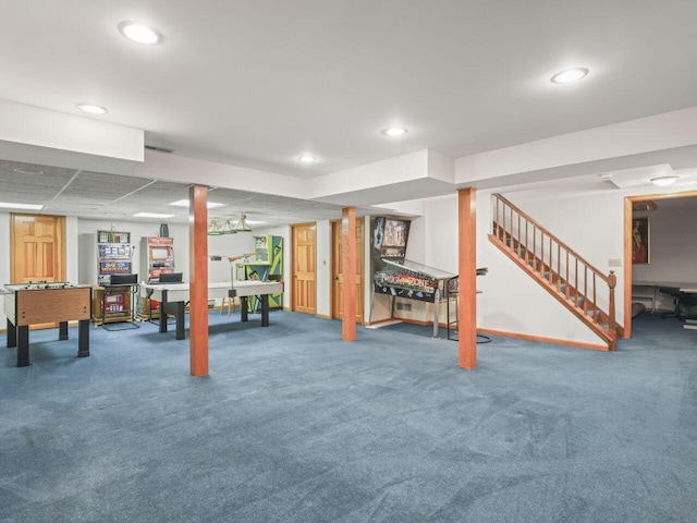 18585 Woodberry Ct, Brookfield, WI 53045 - finished below grade area featuring carpet flooring, stairway, recessed lighting, and baseboards