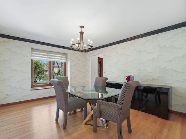 18585 Woodberry Ct, Brookfield, WI 53045 - dining room with a chandelier, ornamental molding, light wood-style flooring, baseboards, and wallpapered walls