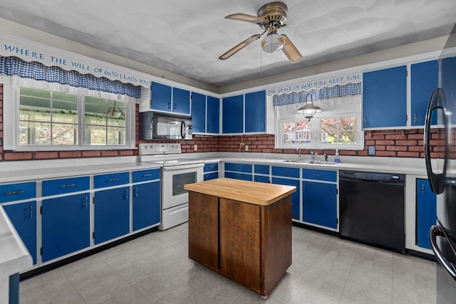 290 S Bridge St, Markesan, WI 53946 - kitchen with black appliances, blue cabinets, a sink, and light countertops