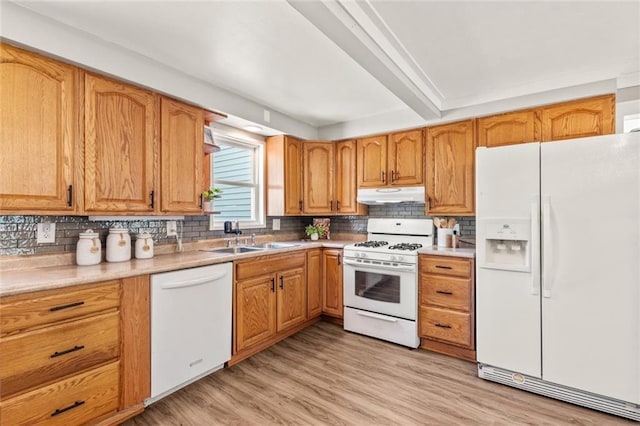 119 E 1st St, Dresser, WI 54009 - kitchen with white appliances, under cabinet range hood, a sink, decorative backsplash, and light wood-style flooring