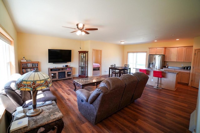 16845 Hawk Rd, Sparta, WI 54656 - living area with dark wood-type flooring, ceiling fan, and recessed lighting