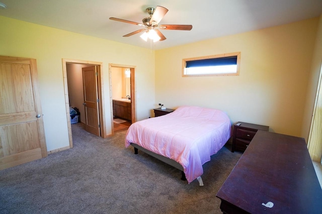 16845 Hawk Rd, Sparta, WI 54656 - bedroom featuring carpet floors, ensuite bathroom, ceiling fan, and a sink