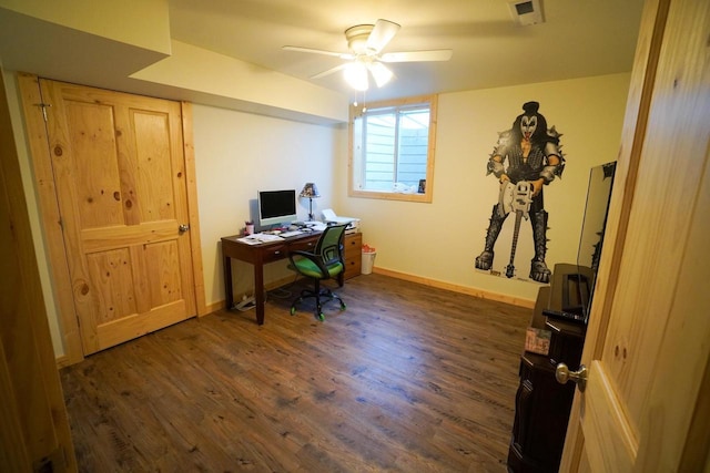 16845 Hawk Rd, Sparta, WI 54656 - office with dark wood finished floors, baseboards, and a ceiling fan