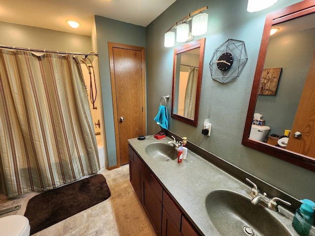 7122 Mockingbird Ln, Middleton, WI 53562 - full bathroom with double vanity and shower / bath combo with shower curtain
