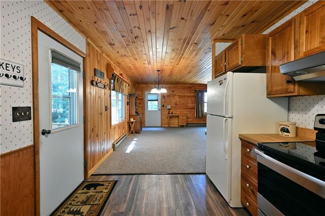 47025 Twin Pines Ln, Cable, WI 54821 - kitchen with stainless steel range with electric stovetop, brown cabinetry, dark wood-style floors, plenty of natural light, and wood ceiling