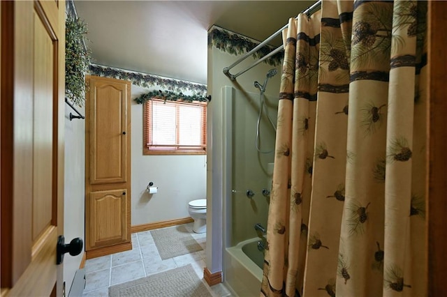 47025 Twin Pines Ln, Cable, WI 54821 - full bath with toilet, shower / tub combo with curtain, tile patterned flooring, and baseboards