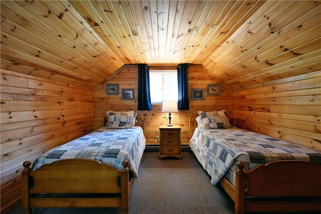 47025 Twin Pines Ln, Cable, WI 54821 - bedroom with wood walls, carpet, vaulted ceiling, and wood ceiling