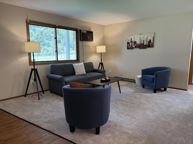 carpeted living area featuring a wall mounted air conditioner, baseboards, wood finished floors, and a baseboard heating unit