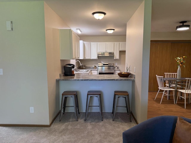 kitchen featuring electric stove, under cabinet range hood, a sink, a breakfast bar, and baseboards