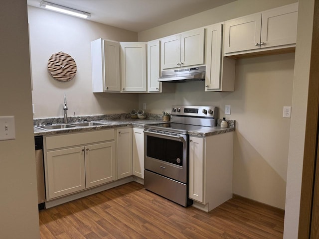 kitchen featuring stainless steel electric stove, under cabinet range hood, a sink, and wood finished floors