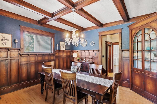 350 Madison St, Wisconsin Rapids, WI 54494 - dining area with light wood finished floors, beam ceiling, a chandelier, coffered ceiling, and a wainscoted wall