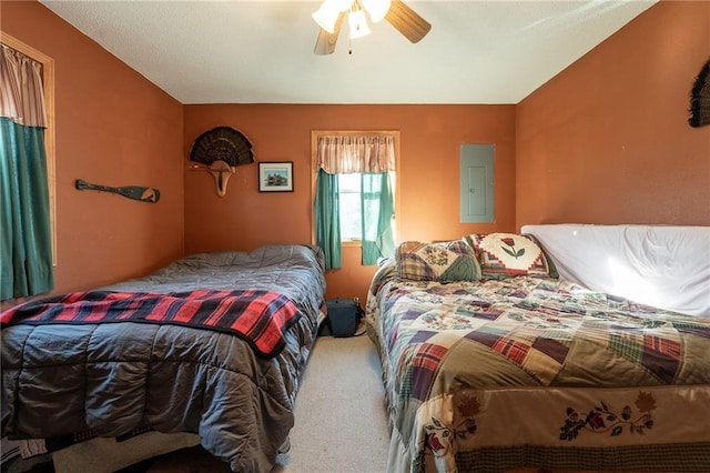 N3751 Bryant Rd, Bruce, WI 54819 - bedroom featuring carpet flooring, electric panel, ceiling fan, and lofted ceiling