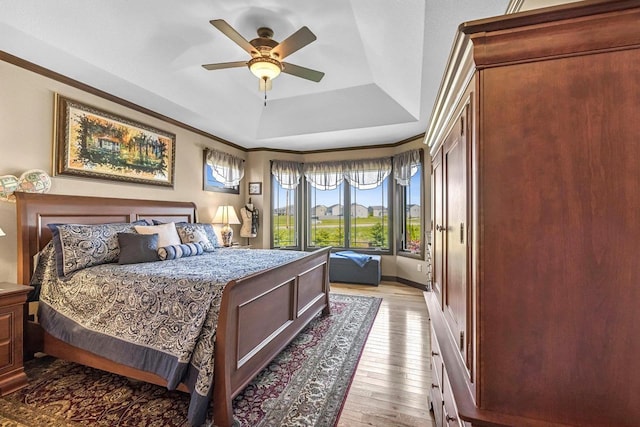 335 Bella Way, Sun Prairie, WI 53590 - bedroom with a tray ceiling, light wood finished floors, ceiling fan, and ornamental molding