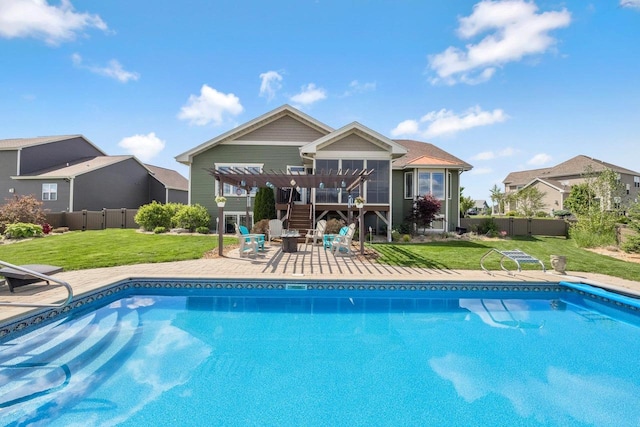 335 Bella Way, Sun Prairie, WI 53590 - swimming pool featuring a patio area, a pergola, stairway, and a wooden deck
