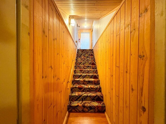 N9960 Meadowlark Ln, Crivitz, WI 54114 - stairway featuring wood walls, wood finished floors, and wooden ceiling
