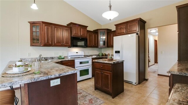 2504 E Princeton Ave, Eau Claire, WI 54703 - kitchen featuring white appliances, a sink, lofted ceiling, a peninsula, and glass insert cabinets
