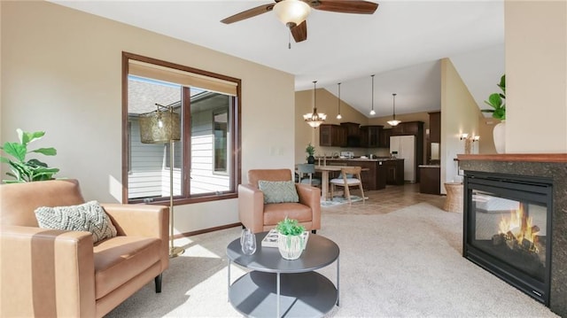 2504 E Princeton Ave, Eau Claire, WI 54703 - living area featuring plenty of natural light, light carpet, vaulted ceiling, ceiling fan, and a multi sided fireplace