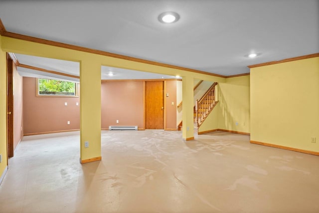 308 Maple Dr, Mount Horeb, WI 53572 - below grade area with ornamental molding, stairway, baseboards, a baseboard radiator, and light carpet