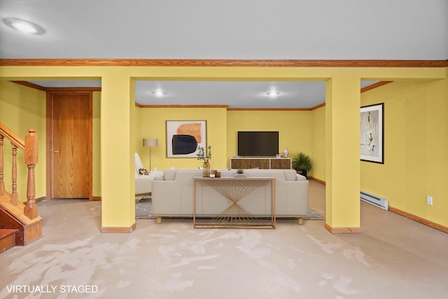 308 Maple Dr, Mount Horeb, WI 53572 - carpeted living area featuring baseboard heating, crown molding, baseboards, and stairs