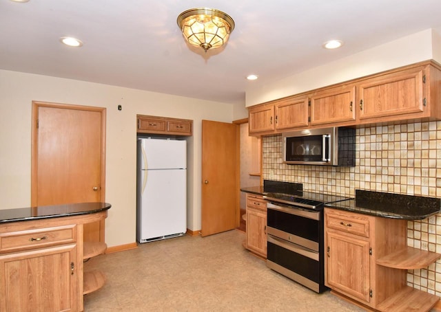 15060 Carpenter Rd, Brookfield, WI 53005 - kitchen with appliances with stainless steel finishes, decorative backsplash, open shelves, baseboards, and recessed lighting