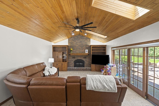 918 E Kramer Ln, Appleton, WI 54915 - carpeted living area with vaulted ceiling, wood ceiling, a ceiling fan, and a fireplace