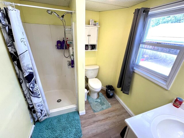108 S Center St, Orfordville, WI 53576 - bathroom featuring a shower stall, wood finished floors, toilet, vanity, and baseboards