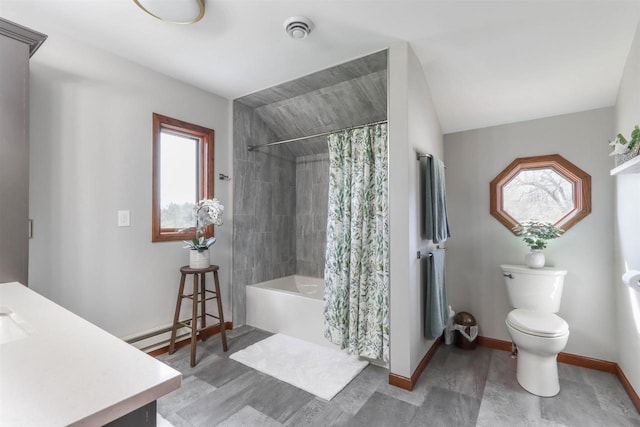 N4618 State Road 49, Waupaca, WI 54981 - bathroom with toilet, shower / bath combo, a baseboard heating unit, baseboards, and vanity
